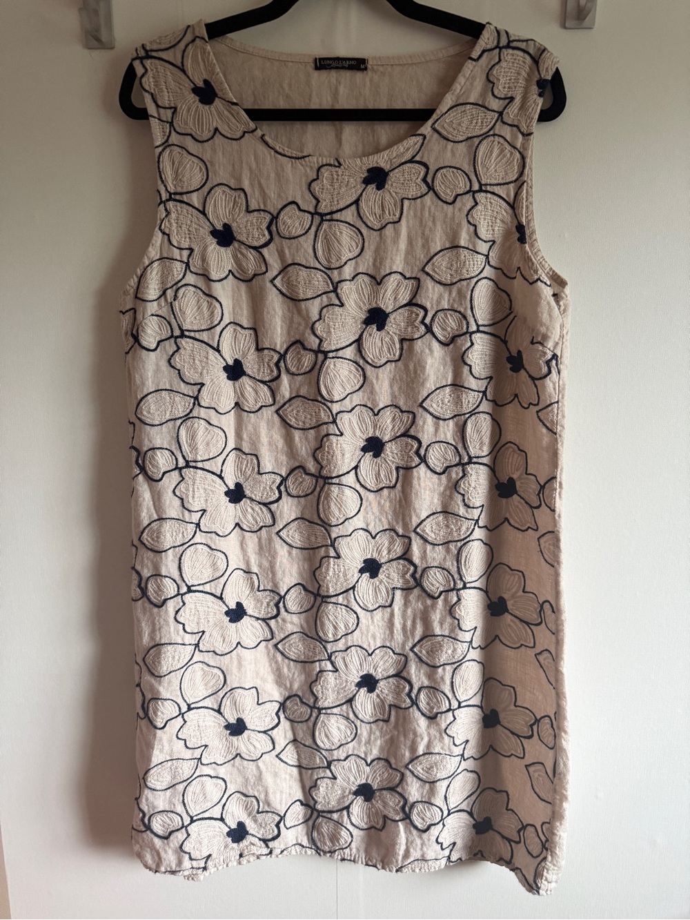 Lungo L’Arno Italy 100% Linen Embroidered Floral Sleeveless Tunic Dress M